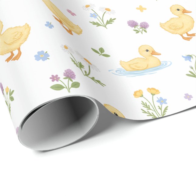 Papier Cadeau Cute Ducklings and Wildflowers Pattern (Coin rond)