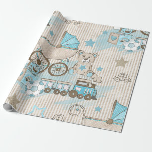 Papier Cadeau Cute Elegant Blue Ivory Stripes Jouets Garçon Douc