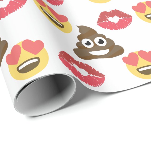 Papier Cadeau Cute Emoji en amour, Poop emoji & embrasser (Coin rond)