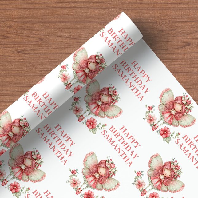 Papier Cadeau Cute Fairy Girl 5th Birthday Pink Flowers wrapping (Cute Fairy Girl 5th Birthday Pink Flowers wrapping paper)