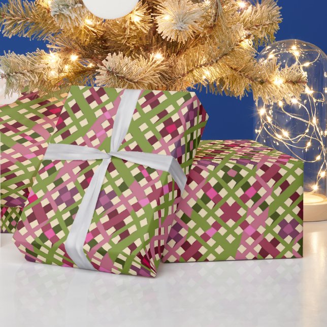 Papier Cadeau Cute Festif Retro Rose violet vert Plaid (Vacances)