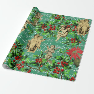 Papier Cadeau Cute Festive Vintage Angel Cherubs Holly Noël