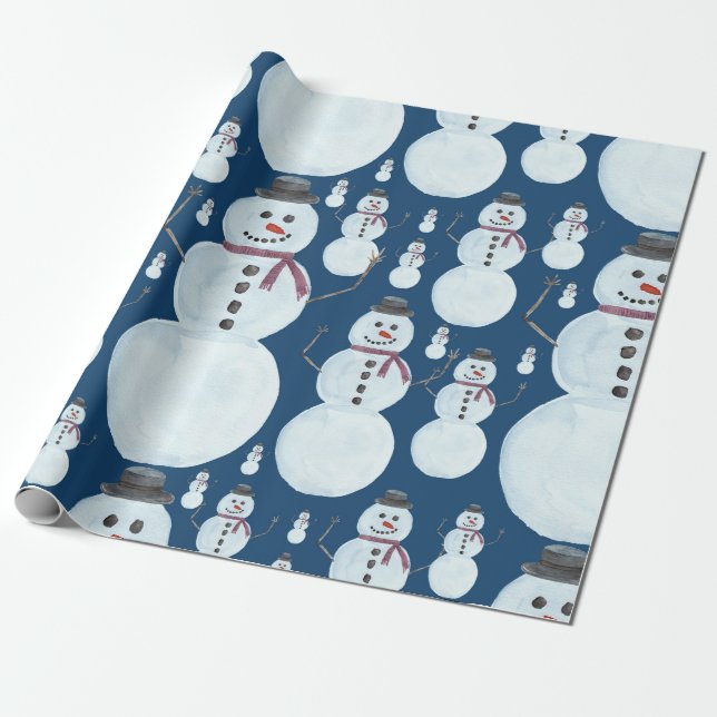 Papier Cadeau Cute Frosty Blue Snowman Motif d'aquarelle (Déroulé)