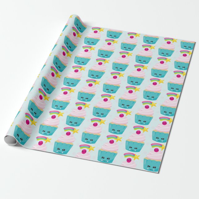 Papier Cadeau Cute gâteau bleu avec Motif de visage Kawaii (Déroulé)