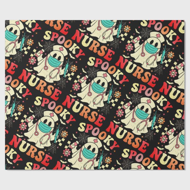 Papier Cadeau Cute Ghost Nurse Halloween Graphisme Retro Pastels (Plat)