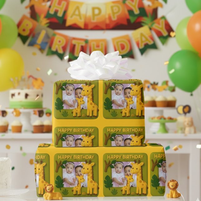 Papier Cadeau Cute Giraffe Anniversaire Photo personnalisable (Créateur téléchargé)