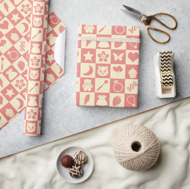 Papier Cadeau Cute Girl Moderne rose À damiers Icônes Motif (Artisanat)