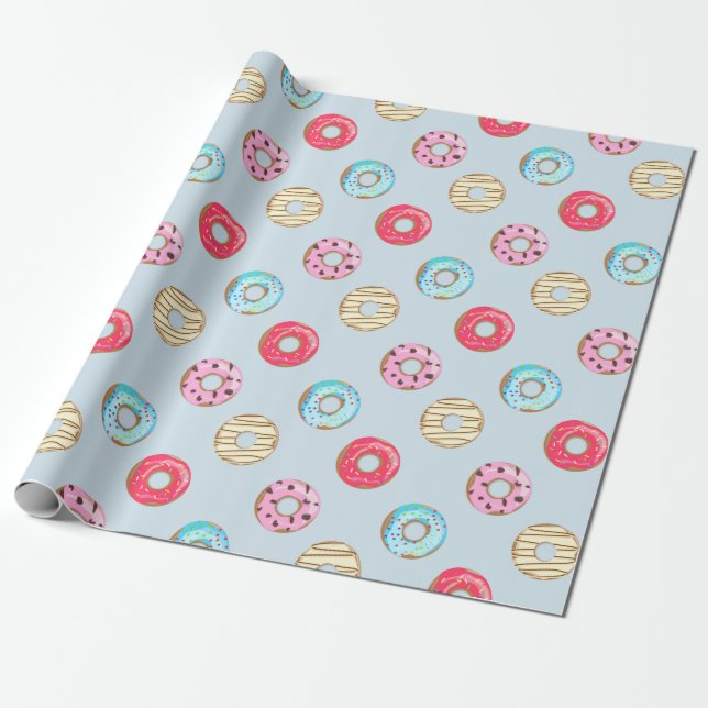 Papier Cadeau Cute Glazed Doughnut Pattern Light Blue (Déroulé)