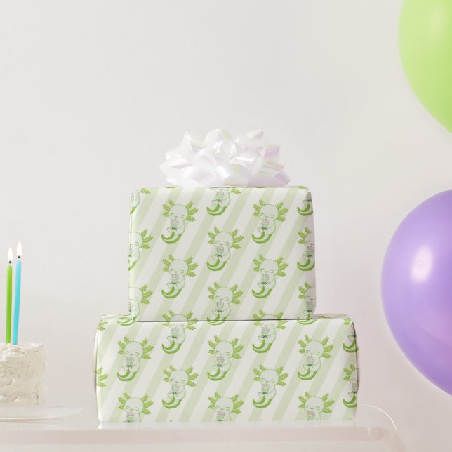 Papier Cadeau Cute Green Axolotl Boba Tea Anniversaire de enfant (Cadeaux de fête)