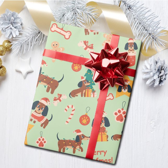 Papier Cadeau Cute Green Christmas Dachshund Merry Woofmas (Cute festive Dachshund wrapping paper in green, perfect for Dachshund dog lovers and the pups too!)