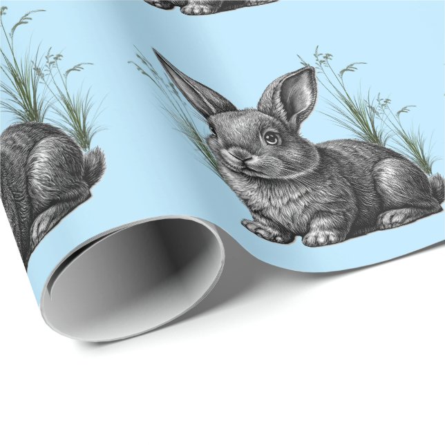Papier Cadeau Cute Grey Rabbit contre un ciel bleu (Coin rond)
