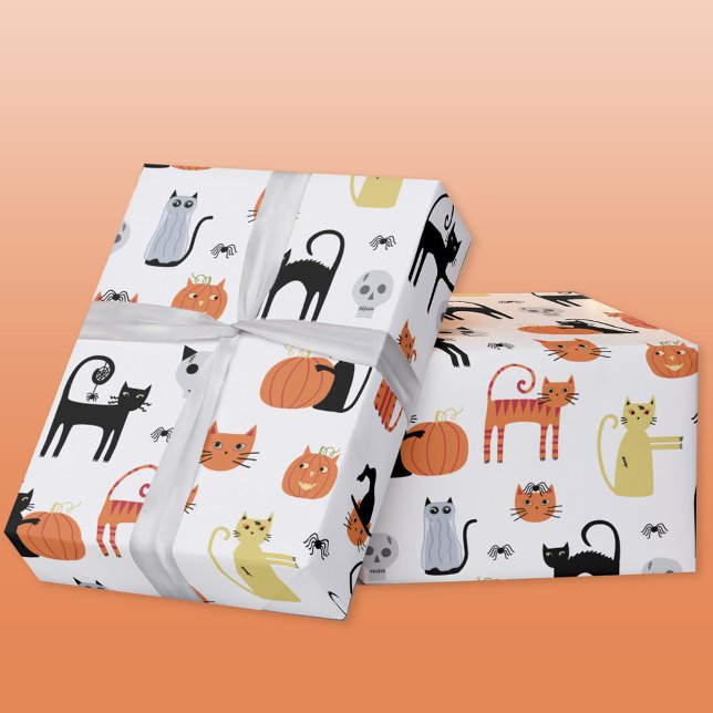 Papier Cadeau Cute Halloween Chat Éffrayant (Halloween cats fun gift wrapping paper roll)