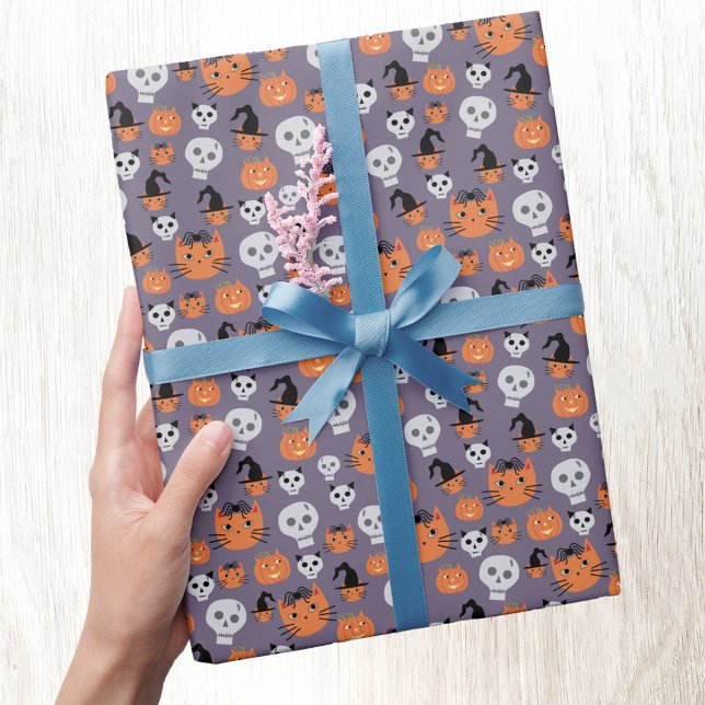 Papier Cadeau Cute Halloween Chats et Crânes Éffrayant (Halloween cats and skulls fun gift wrap paper roll)
