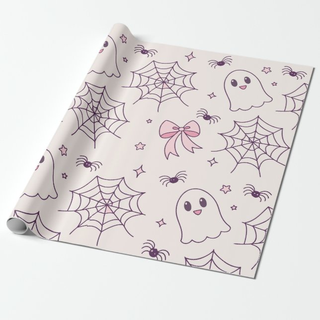 Papier Cadeau Cute Halloween Ghost & Spiderweb Motif (Déroulé)