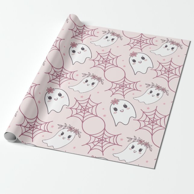 Papier Cadeau Cute Halloween Ghost & Spiderweb Motif (2) (Déroulé)