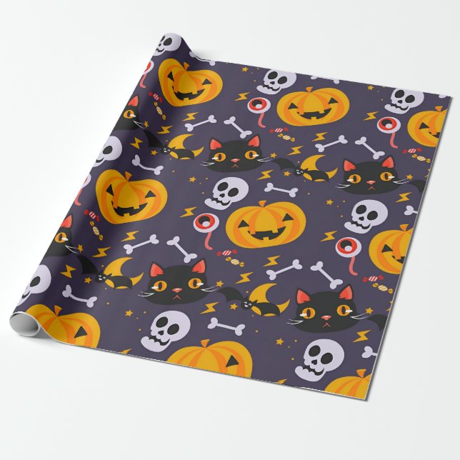 Papier Cadeau Cute Halloween Skuls, Chats & Sourires Citrouilles (Déroulé)
