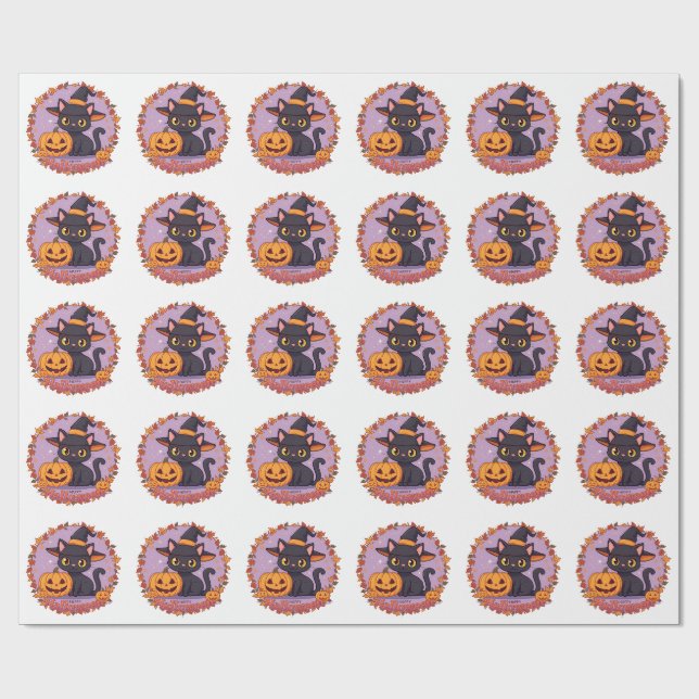 Papier Cadeau Cute+Halloween+Sorcière+Chat noir+CITROUILLE (Plat)
