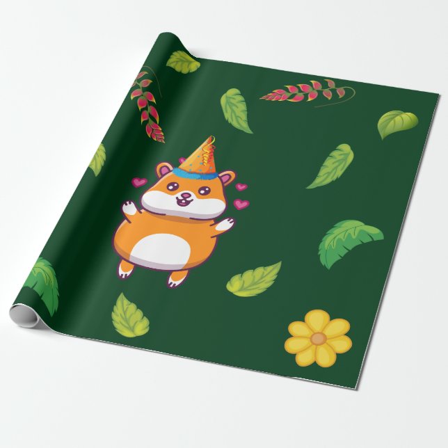 Papier Cadeau Cute Hamster Botanical à thème fête d'anniversaire (Déroulé)