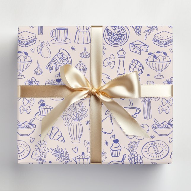 Papier Cadeau Cute Hand Drawn Italian Food and Flowers Kitchen (In situ)