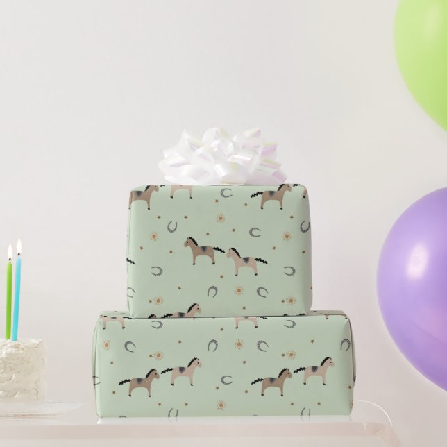 Papier Cadeau Cute Horses & Horseshoes Kids Birthday Sage Green (Cadeaux de fête)