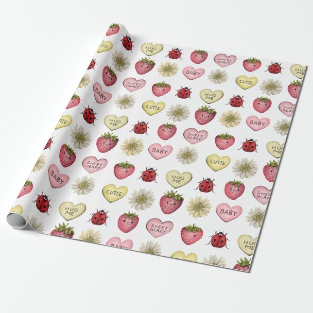 Papier Cadeau Cute Kawaii Motif de la Saint Valentin fraise (Déroulé)
