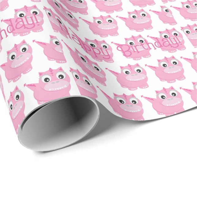 Papier Cadeau Cute Kawaii Pink Dino (Coin rond)