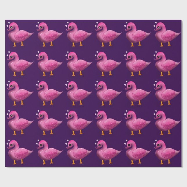 Papier Cadeau Cute Kawaii Pink Duck & Hearts Nursery Art (Plat)