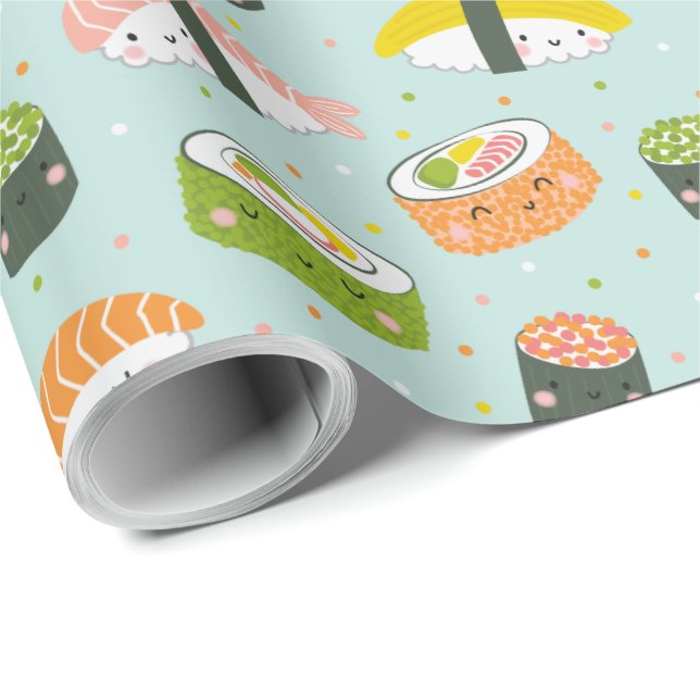 Papier Cadeau Cute Kawaii Sushi bleu clair (Coin rond)