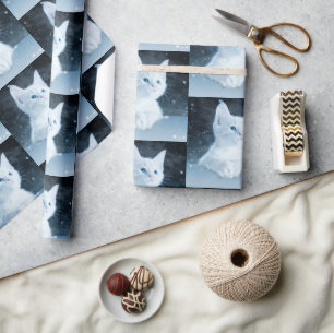 Papier Cadeau Cute Kitten blanc avec Joli yeux bleu motif