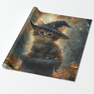 Papier Cadeau Cute Kitten Portant une sorcière Casquette Découpa
