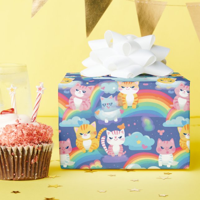 Papier Cadeau Cute Kitty Chats sur Rainbows Amusants Anniversair (Fête d'anniversaire)
