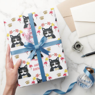Papier Cadeau Cute Kitty rose et noir Joyeux anniversaire