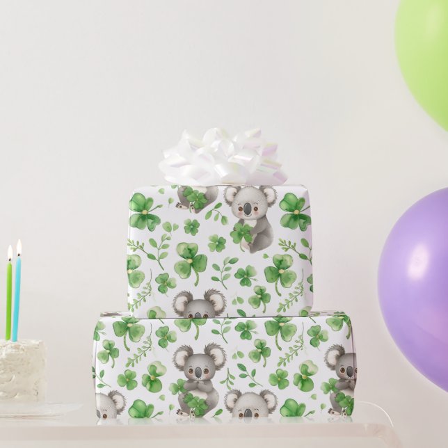 Papier Cadeau Cute Koalas Green Casquette Shamrock St. Patrick's (Cadeaux de fête)