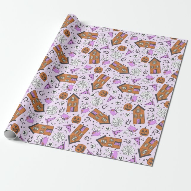 Papier Cadeau Cute Lavender Purple Halloween Maison Hantée Art (Déroulé)