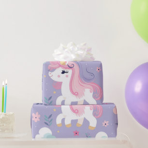 Papier Cadeau Cute Lavender Rose Turquoise Nuages Unicorne