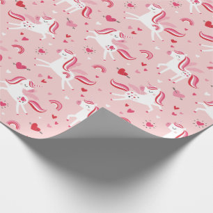 Papier Cadeau Cute licorne avec arcs-en-ciel et coeurs sur rose