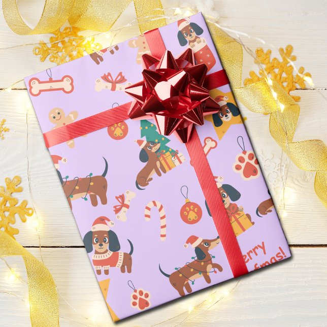 Papier Cadeau Cute Lilac Christmas Dachshund Merry Woofmas (Cute festive Dachshund wrapping paper in lilac, perfect for Dachshund dog lovers and the pups too!)