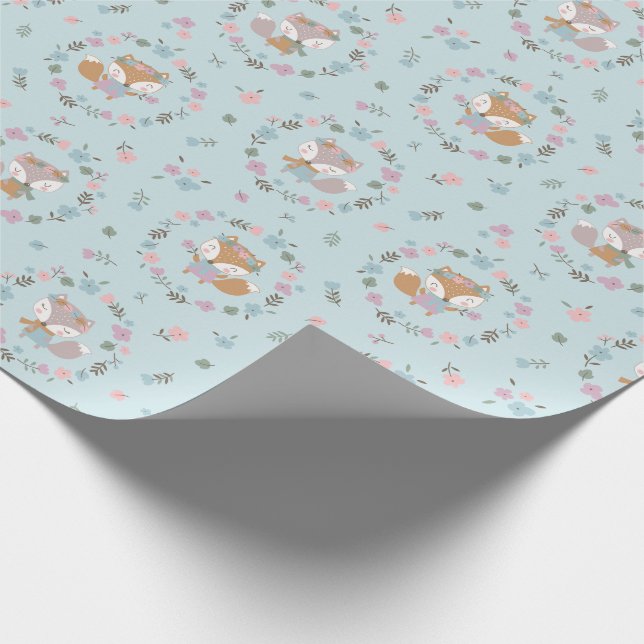 Papier Cadeau Cute Little Fall Fox avec des fleurs aux couleurs  (Coin)