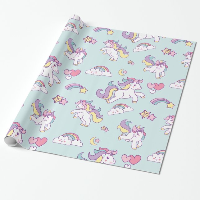 Papier Cadeau Cute Magique Unicorn Pastel couleur personnalisée (Déroulé)