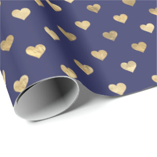 Papier Cadeau Cute Marine Blue Gold Hearts Motif 