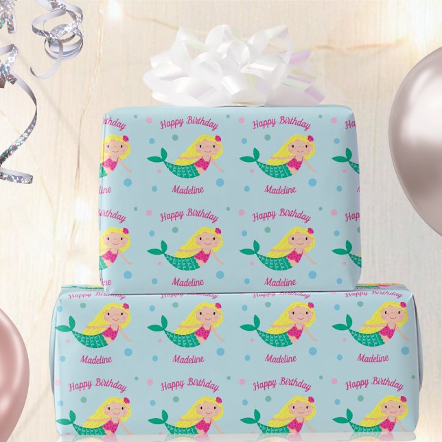 Papier Cadeau Cute Mermaid Blue Personalized Birthday (Créateur téléchargé)