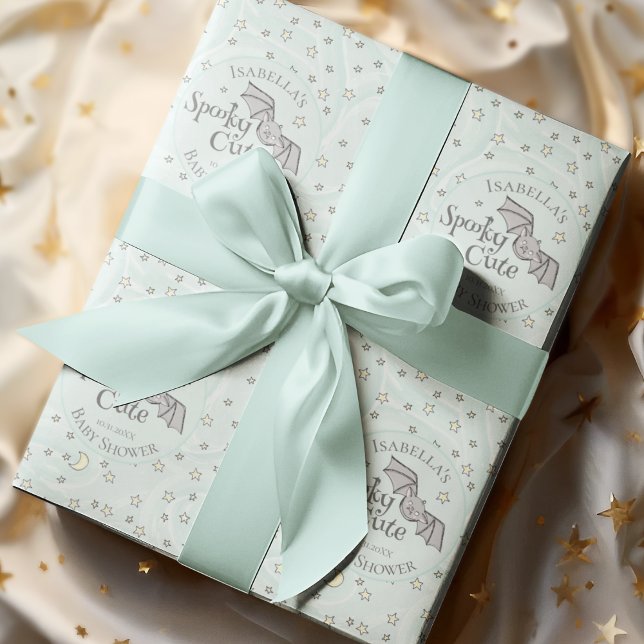 Papier Cadeau Cute Mint Éffrayant Cute Octobre Baby shower (Spooky Cute Fall Baby Shower Custom Wrapping Paper. Hand-Drawn Baby Bat, Moons & Stars in Soft Mint)