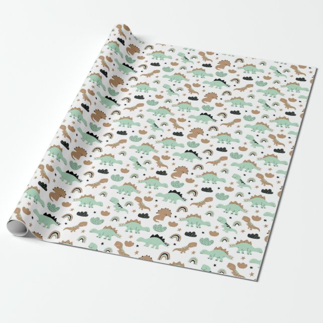 Papier Cadeau Cute Mint Green Dinosaur Motif (Déroulé)