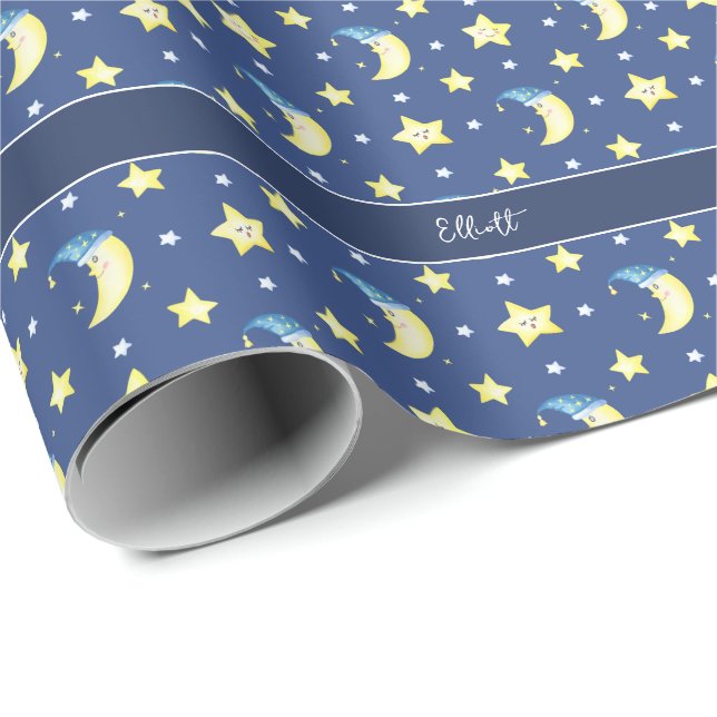 Papier Cadeau Cute Moon et étoiles Motif Baby shower bleu (Coin rond)