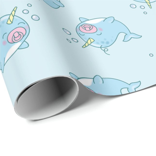 Papier Cadeau Cute Narwhal Baby shower Kawaii Rose Girl (Coin rond)