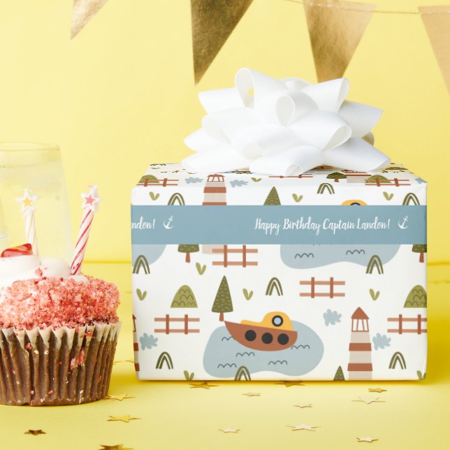 Papier Cadeau Cute Nautical Lighthouse and Boat Kid Motif (Fête d'anniversaire)