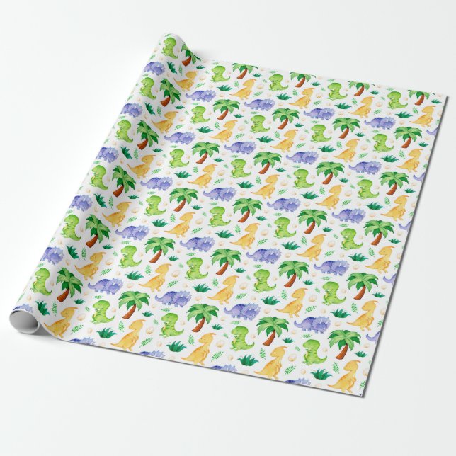 Papier Cadeau Cute Neon Aquarelle Dinosaur Motif (Déroulé)