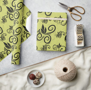 Papier Cadeau Cute noir Floral Vintage Motif Jaune