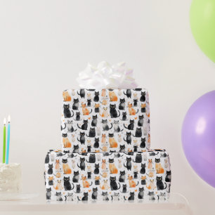 Papier Cadeau Cute Orange Blanc Noir Chats Anniversaire