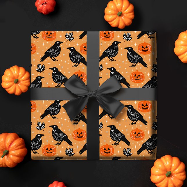 Papier Cadeau Cute Orange Halloween Crow Citrouille Motif (Créateur téléchargé)
